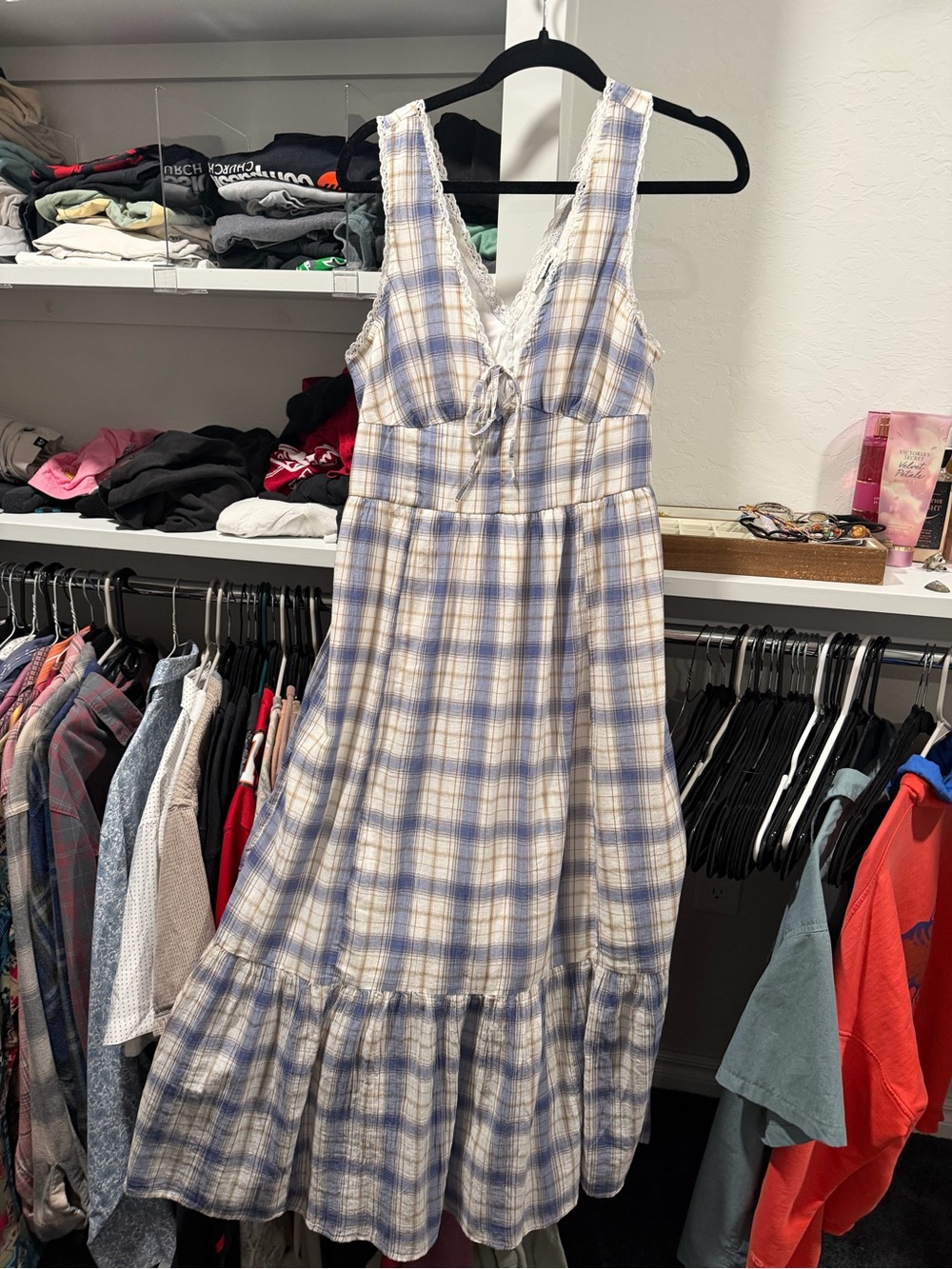 American Eagle Outfitters Blue and Cream Plaid Tiered Maxi Dress